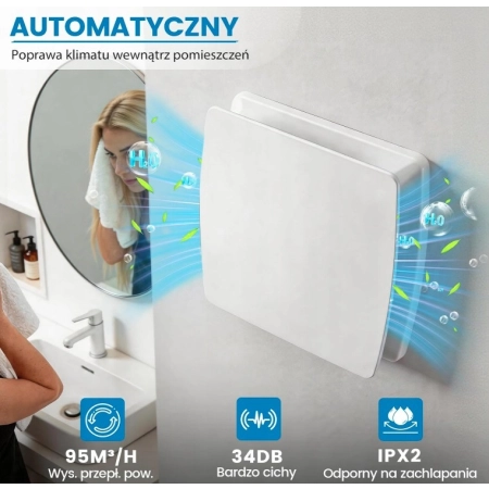 XIIW Cichy Wentylator łazienkowy Wyciągowy 100 mm 12W 95m³/h Sensor wilgoci