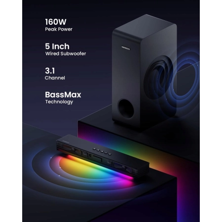 MEREDO Soundbar TV Z Subwooferem 3.1 RGB Bluetooth 5.3 Dla PC i Konsol