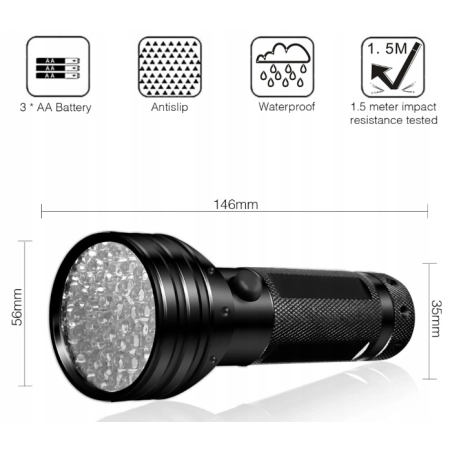 INF Latarka UV z 51 diodami LED 395 nm, wodoodporna