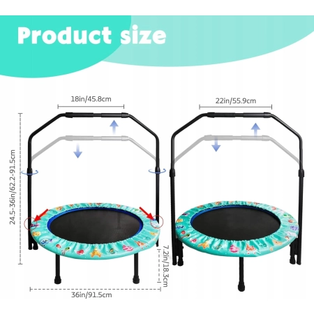 MINI TRAMPOLINA DLA DZIECI SKŁADANA REGULOWANY UCHWYT BEZPIECZNA ZIELONA