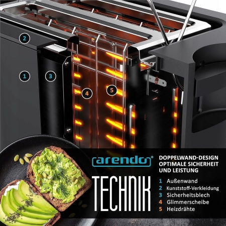 Arendo - toster dotykowy, 2 kromki, stal nierdzewna, panel dotykowy 800W