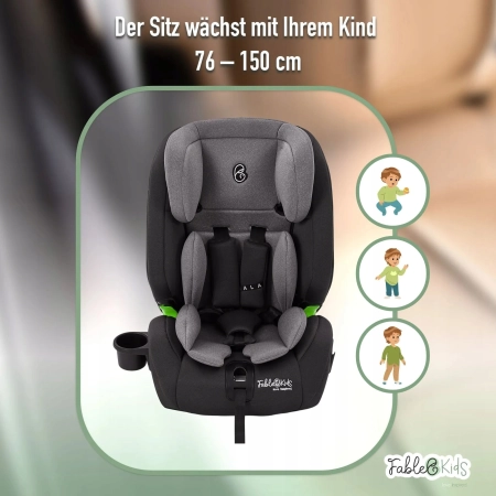 FableKids NALA fotelik samochodowy szary | Isofix, i-Size 76-150 cm, 3-punk