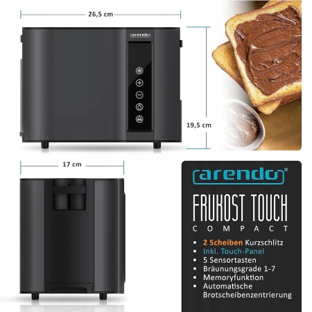 Arendo - toster dotykowy, 2 kromki, stal nierdzewna, panel dotykowy 800W