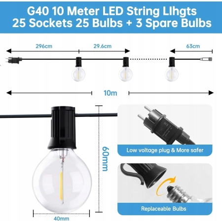 Lampki LED do użytku na zewnątrz, 10m żarówka x25 + 3 zapasowe G40 IP44