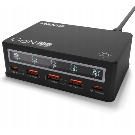 Ładowarka MANTO 110W USB C z wyświetlaczem LCD, 5-portowa 2x USB-C, 3xUSB-A