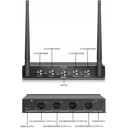 Debra Audio AU400 Pro UHF 4-kanałowy system mikrofonowy bezprzewodowy