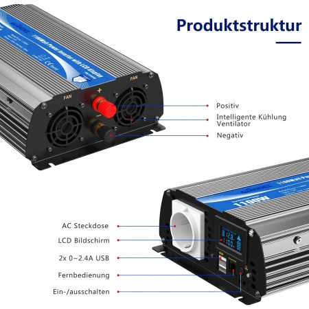 Falownik sinusoidalny GIANDEL 1100 W 12 V do 230 V z wyświetlaczem