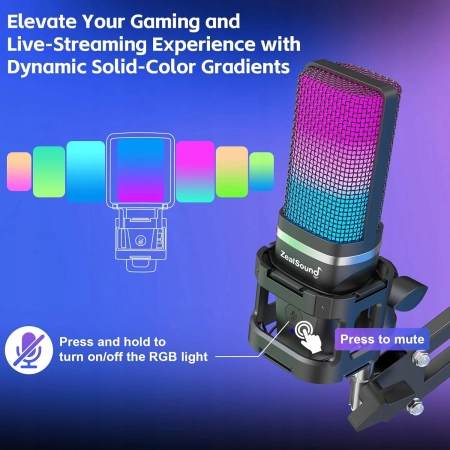 ZEALSOUND A68S Zestaw mikrofonowy USB, gamingowy RGB, statyw i wysięgnik