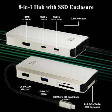 Hub USB-C Minthouz z obudową SSD M.2 PCIe NVMe, 10Gb/s 4K@60Hz HDMI 100W